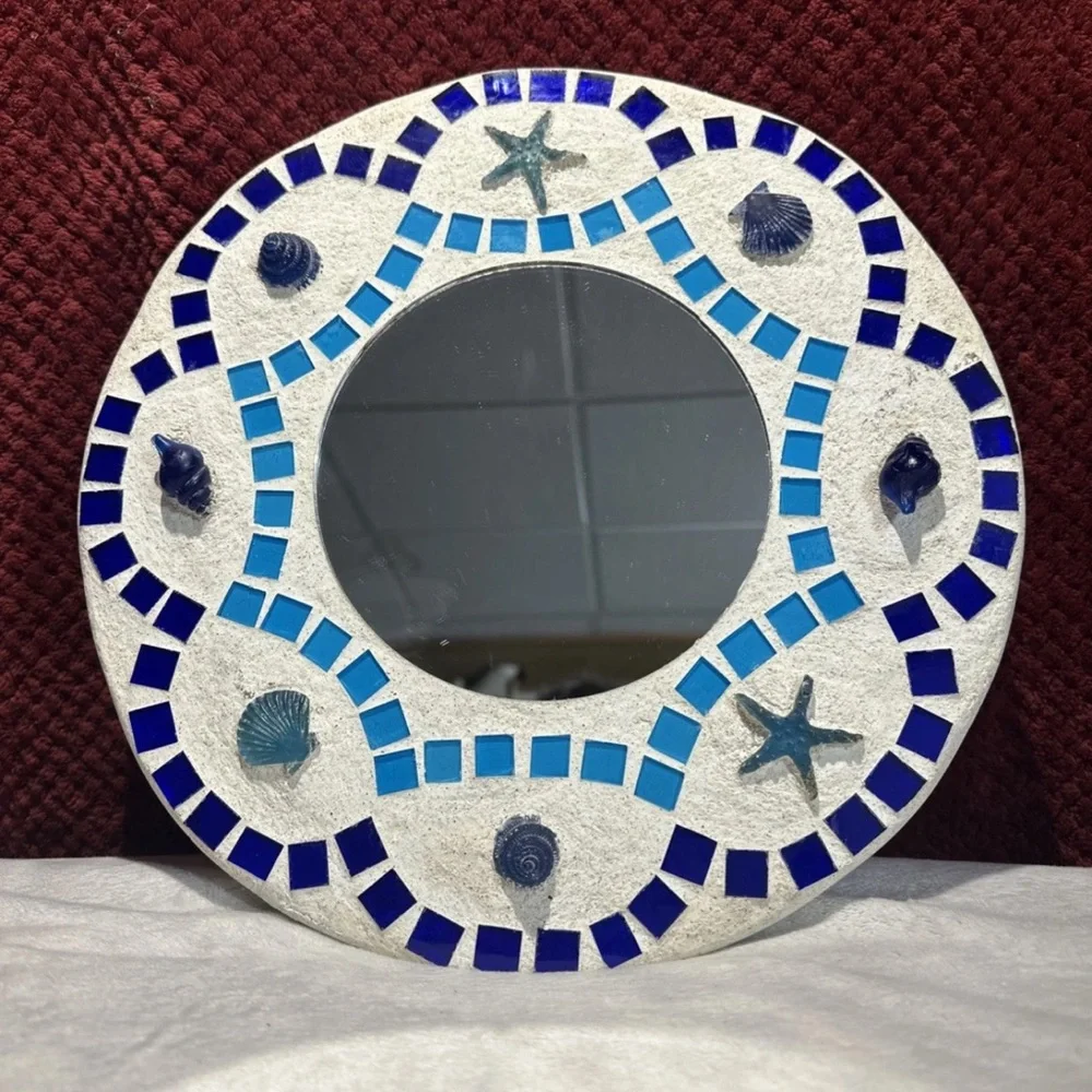 Coastal Mosaic Mirror Seashell Starfish Blue Tile Beach Decor Round Wall Art 12”